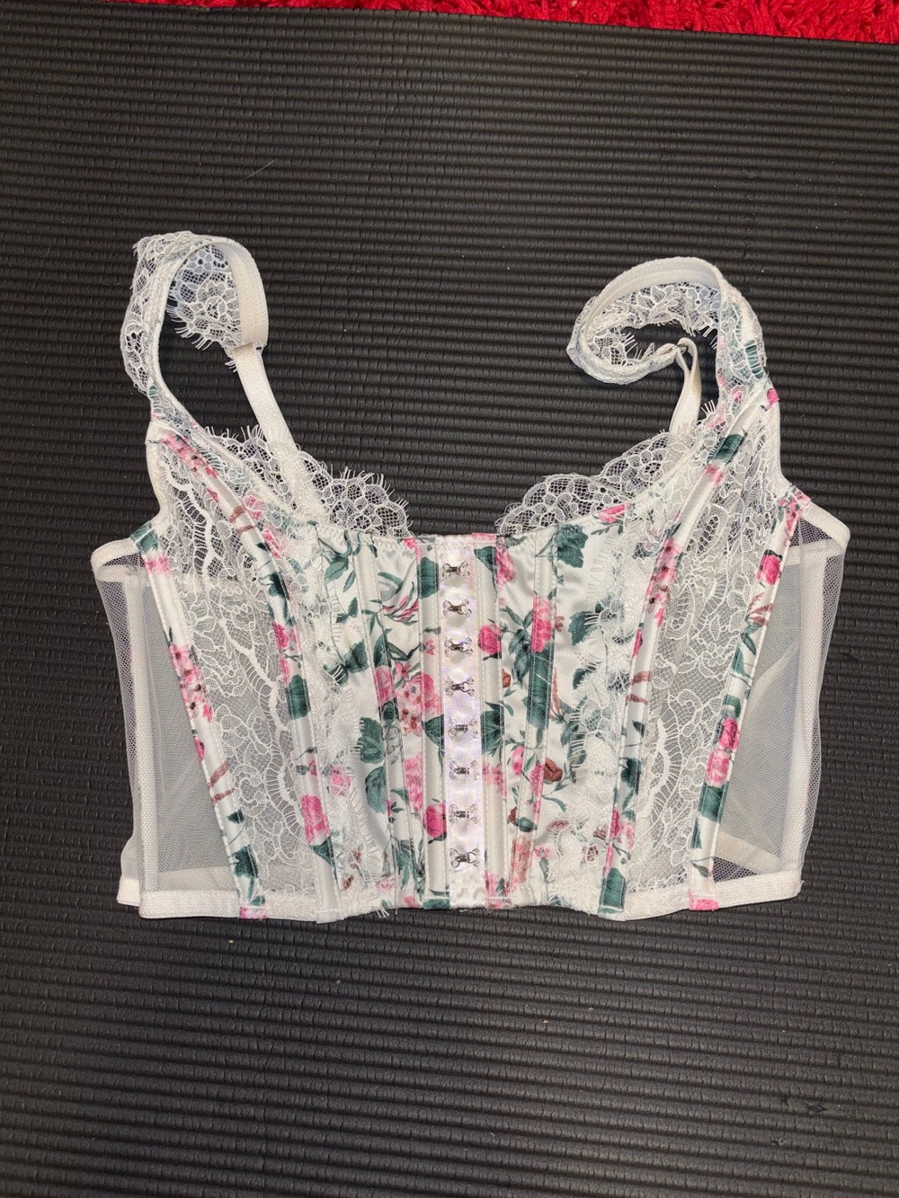 SizeS-Victoria'sSecret-White Bustier with Pale Pink & Green Floral Accents